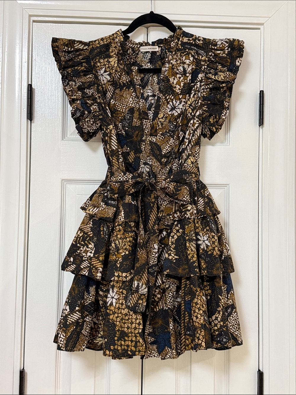 ULLA JOHNSON Honoria Tiered Mini Dress in Diamond Bouquet Batik - Bronze - Sz. 4